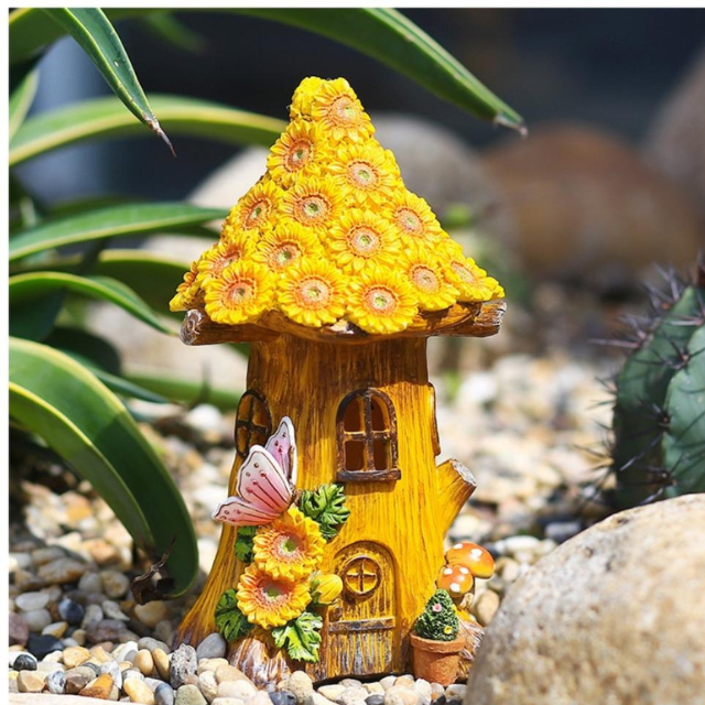 Fairy Sunflower Mushroom Tree House Solar Lamp Figurine (ESG20507)