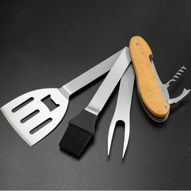 Portable 5 in 1 Barbecue Multi Tool Utensils with Wood Handle (ESG15694)